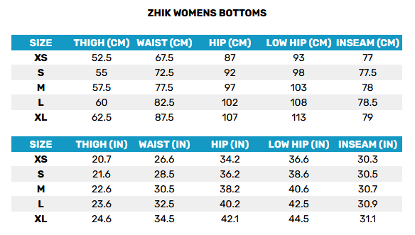 2025 Zhik Womens Bottoms 0 Gráfico do tamanho